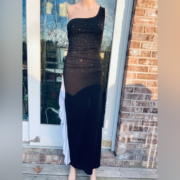 Y2K Black & White Ruffle Rhinestone Goth Prom Dress - Picture 1 of 10